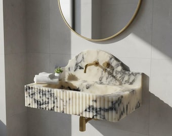 Calacatta Viola Marble Bathroom Sink – Wall Mounted Rectangle Vanity with Backsplash