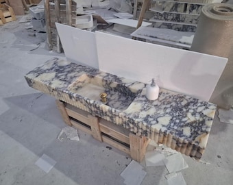 Handcarved Calacatta Viola Marble Sink – Wall Mounted Vanity with Backsplash