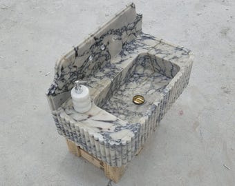 Calacatta Viola Handcrafted Bathroom Sink – Wall Mounted Rectangle Vanity with Backsplash