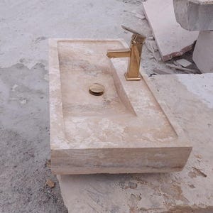 Travertine Beige Marble Sink – Rustic Stone Farmhouse Bathroom Vanity image 6
