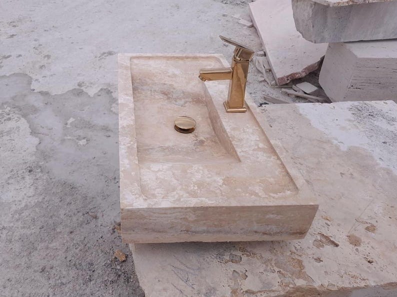 Travertine Beige Marble Sink – Rustic Stone Farmhouse Bathroom Vanity image 6