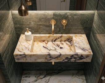 Calacatta Viola Marble Bathroom Sink – Wall Mounted Rectangle Vanity And Hidden Drain