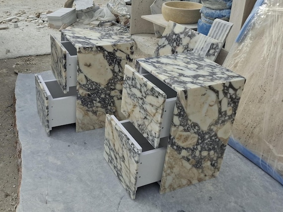 Marble Nightstand with Drawer – Calacatta Viola Marble End Table