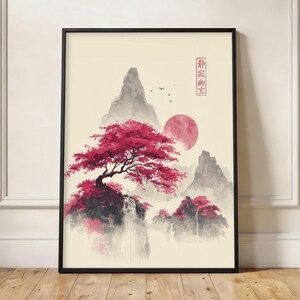 Póster de arce japonés, lámina de arte mural Ukiyo-e, paisaje de montaña con bonsái rojo, decoración zen asiática, arte minimalista para sala de estar.