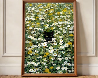 May include: A framed art print featuring a black cat peeking out from a field of white and yellow daisies. The artwork has a natural, botanical theme, with a wooden frame.