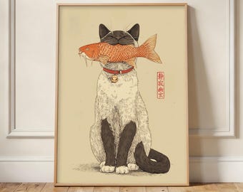 May include: A framed art print featuring a Siamese cat with dark brown points sitting upright and holding a large orange koi fish in its mouth. The cat wears a red collar with a gold bell. Red Japanese kanji characters appear on the right side.