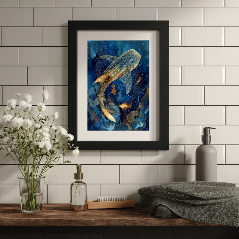 May include: Framed art print featuring a watercolor painting of a whale shark swimming in a deep blue ocean. The artwork has gold and orange accents, and is set in a black frame. The print is displayed on a wooden shelf with bathroom accessories.