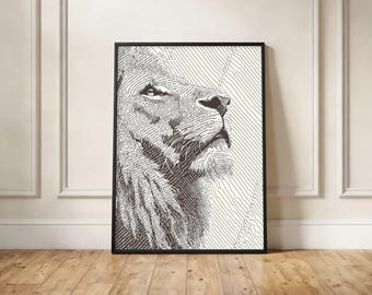 Lion Typographic Text Art Print, Black and White Animal Portrait, Living Room Decor