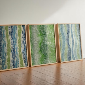 Abstract Ikat Triptych Wall Art, Blue Green Bohemian Watercolor Prints, Modern Living Room Decor