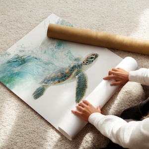 Sea Turtle Poster, Realistic Ocean Wildlife Wall Art Print, Coastal Marine Animal Decor Premium Print Only