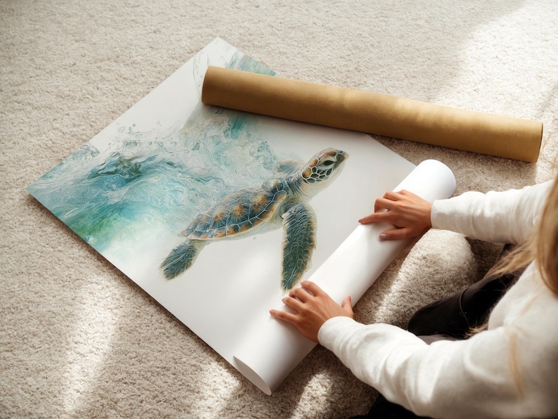 Sea Turtle Poster, Realistic Ocean Wildlife Wall Art Print, Coastal Marine Animal Decor Premium Print Only