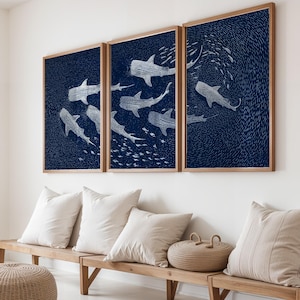 Whale Shark Triptych Wall Art, Linocut Style Ocean Prints, Coastal Marine Decor