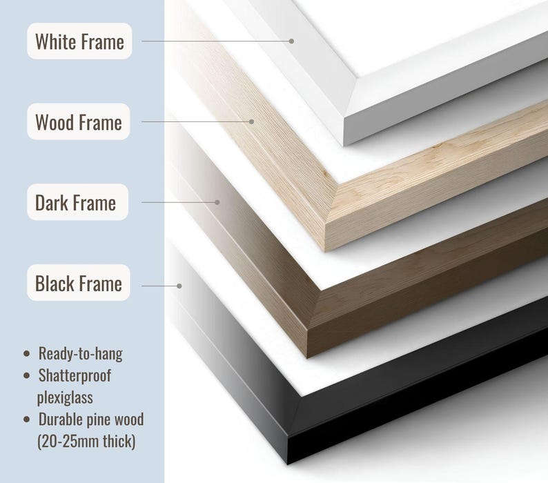 May include: A stack of four rectangular frames in white, light wood, dark wood, and black finishes. The frames feature shatterproof plexiglass and durable pine wood construction, measuring 20-25mm thick. Each frame is ready-to-hang for display.