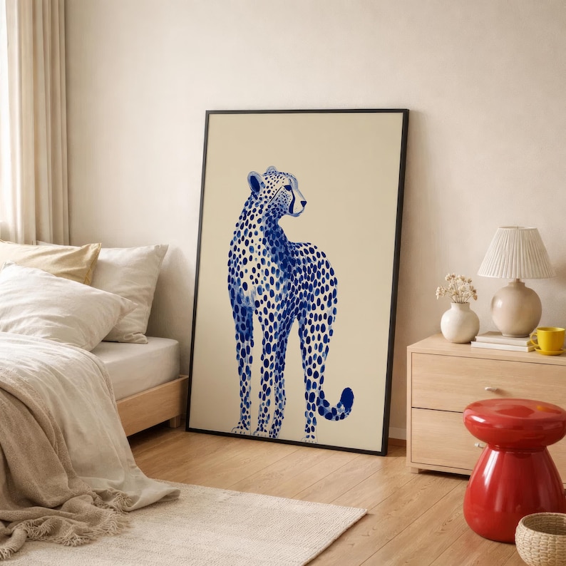 Blue Chinoiserie Cheetah Print, Elegant Safari Wall Art, Sophisticated Animal Decor image 3