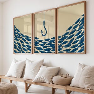Sardine Linocut Triptych Art Print, Nautical Coastal Fish Wall Decor