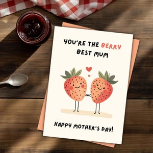 Modèle de carte imprimable pour la fête des mères, bonne fête des mères, drôle, mignon, fraise, nourriture, simple, minimaliste, téléchargement immédiat, numérique