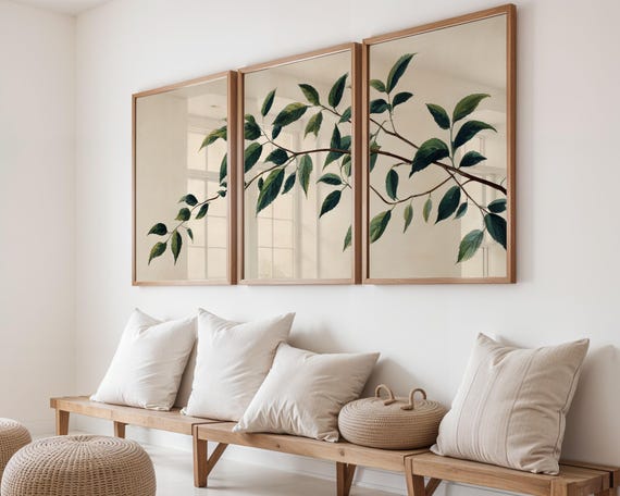 Botanical Branch Wall Art Set, Minimalist Watercolor Leaf Prints, Calm Nature Triptych