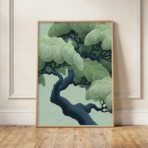 Könnte beinhalten: Ein gerahmter vertikaler Wandkunstdruck, der einen stilisierten Baum mit einem dunkel marineblauen Stamm und Ästen zeigt. Das Laub besteht aus zahlreichen kreisförmigen, hellgrünen, texturierten Mustern vor einem blass mintgrünen Hintergrund.