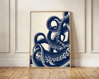 Vintage Octopus Tentacles Navy Blue Wall Print, Coastal Nautical Bathroom Art