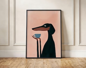 May include: A framed wall art print featuring a stylized black and brown dog with long limbs holding a small blue teacup. The dog is depicted against a solid light peach background, and the entire illustration is enclosed in a thin black frame.