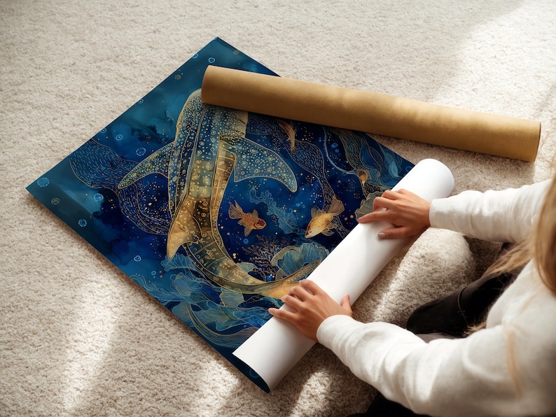 May include: A blue and gold art print featuring a whale shark and goldfish. The print is rolled up with a white and brown tube. The art print is on a white carpet.