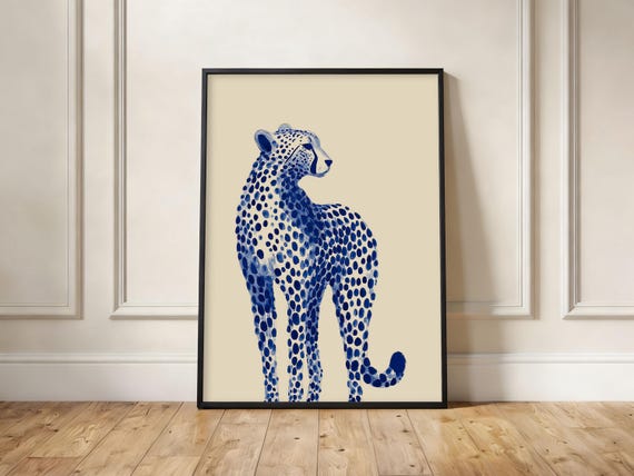 Blue Chinoiserie Cheetah Print, Elegant Safari Wall Art, Sophisticated Animal Decor