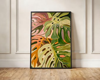May include: A rectangular framed wall art print featuring a stylized painting of monstera leaves. The artwork displays a vibrant color palette of deep forest green, light sage, soft peach, and bright orange, with visible brushstroke textures.