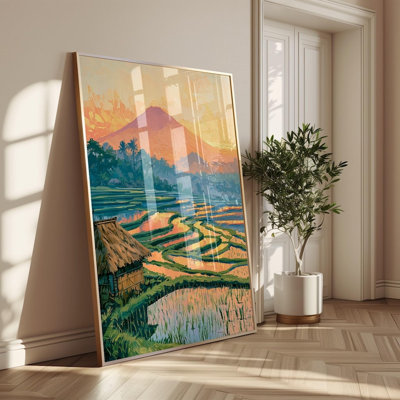 Really Rice Sunset Rice Terrace Sunset Print, Impressionist Mountain Landscape Wall Art ...