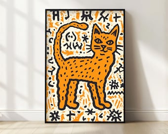 Keith Haring Style Orange Cat Pop Art Print