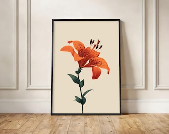 Tiger Lily Poster, Vintage Botanical Flower Art Print, Orange Floral Illustration
