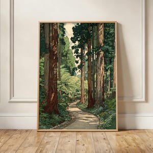 Japanese Woodblock Forest Print, Serene Cedar Tree Path, Ukiyo-e Style Landscape, Japandi Poster