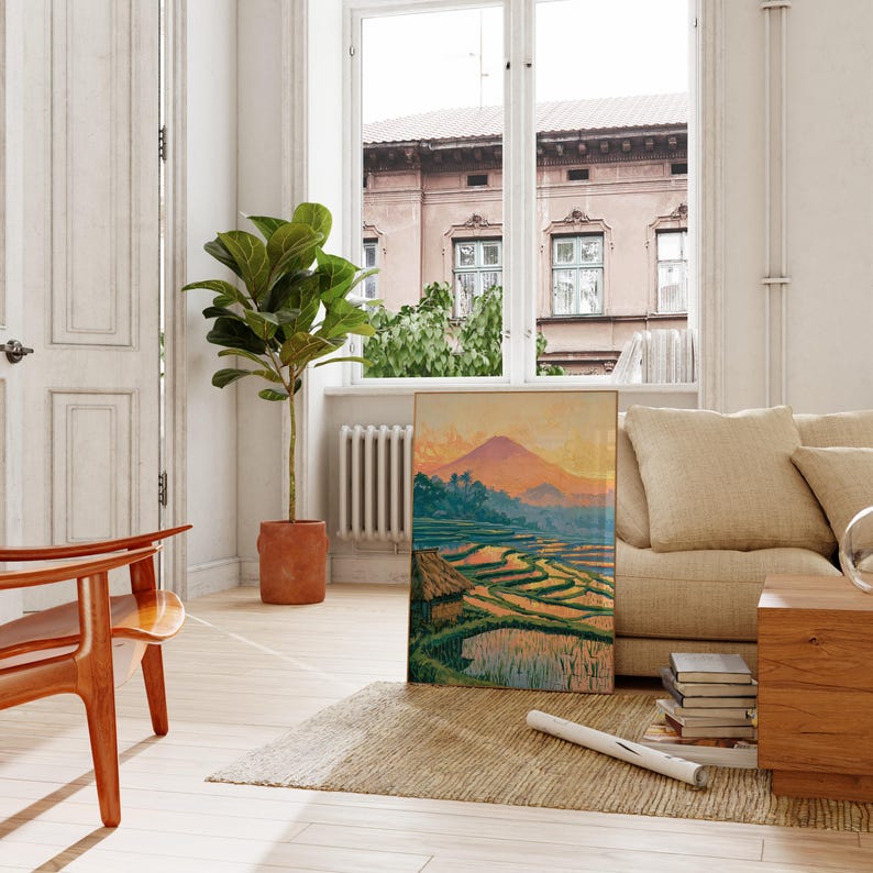 Really Rice Sunset Rice Terrace Sunset Print, Impressionist Mountain Landscape Wall Art ...