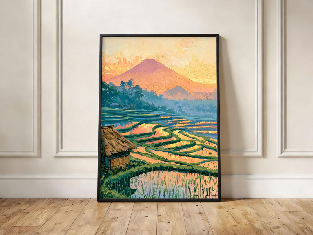 Really Rice Sunset Rice Terrace Sunset Print, Impressionist Mountain Landscape Wall Art ...