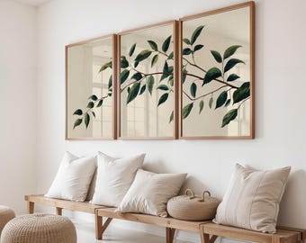 Conjunto de Arte de Parede com Galhos Botânicos, Impressões Minimalistas de Folhas em Aquarela, Tríptico da Natureza Tranquila