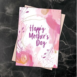 Tarjeta imprimible para el Día de la Madre: floral, rosa, elegante, abstracta, descarga instantánea, digital, blanca y rosa, sencilla, acuarela.
