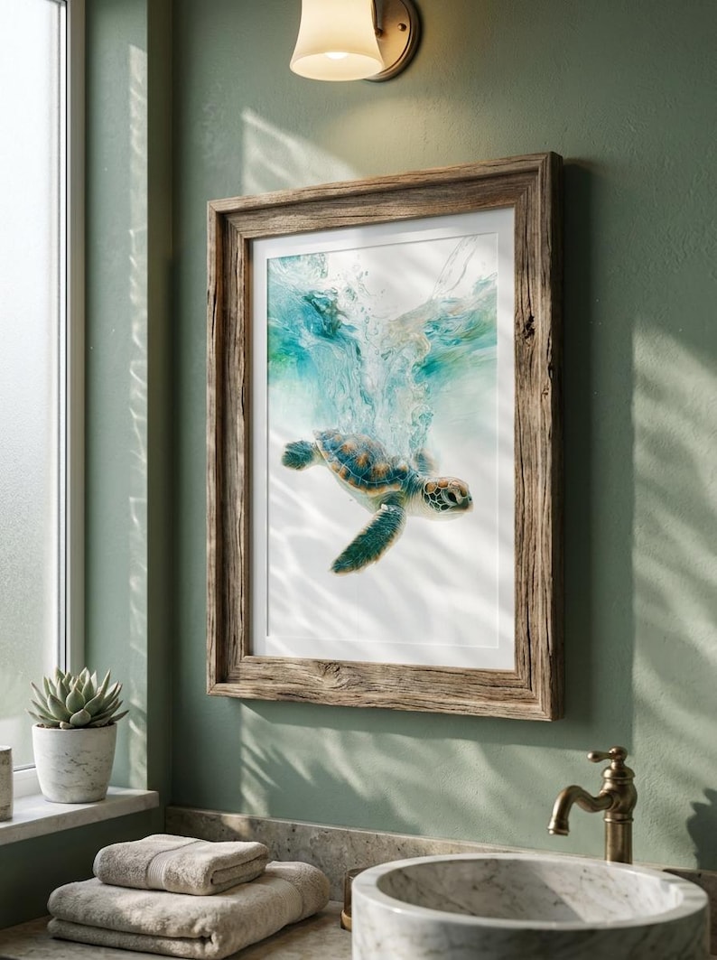 Sea Turtle Poster, Realistic Ocean Wildlife Wall Art Print, Coastal Marine Animal Decor image 3