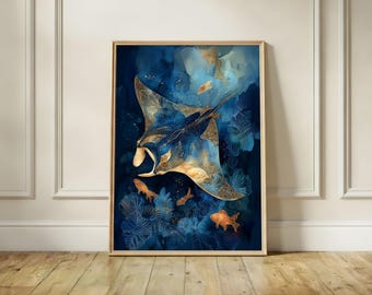 Gold Manta Ray Watercolor Print, Navy Blue Ocean Wall Art, Mystical Sea Life Poster