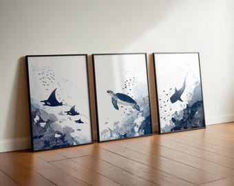 Conjunto de Arte de Parede Vida Marinha, Impressões de Arraia Manta, Tartaruga e Tubarão Baleia, Tríptico Marinho Costeiro