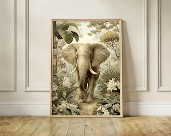 Vintage Elephant Jungle Print, Tropical Safari Botanical Wall Art