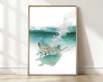 Manta Ray Watercolor Print, Ocean Sea Life Coastal Wall Art