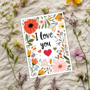 Élégante carte « Je t'aime » avec motif floral aquarelle / aquarelle - Parfaite pour les anniversaires, les anniversaires et les remerciements