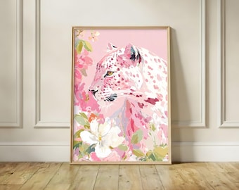 Pink Leopard Floral Art Print, Blush Cheetah Botanical Wall Decor
