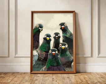Funny Pigeon Flock Illustration Print, Quirky Urban Wildlife Art, Eclectic Home Decor