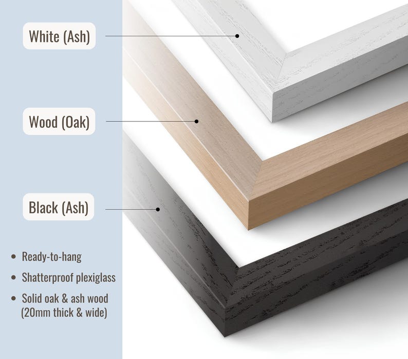 May include: Three rectangular picture frames stacked diagonally, featuring white ash, natural oak, and black ash wood finishes. Each frame includes shatterproof plexiglass and measures 20mm thick and wide. The frames are ready-to-hang.
