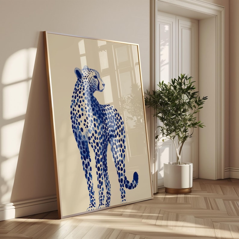 Blue Chinoiserie Cheetah Print, Elegant Safari Wall Art, Sophisticated Animal Decor image 2
