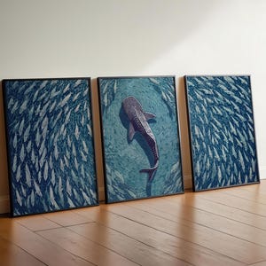 Whale Shark Triptych Wall Art, Linocut Style Ocean Prints, Coastal Marine Decor