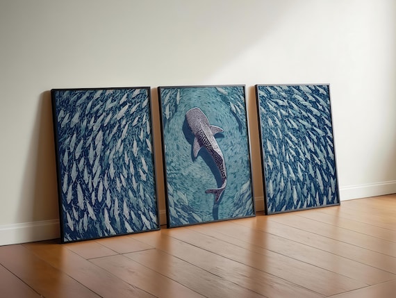 Whale Shark Triptych Wall Art, Linocut Style Ocean Prints, Coastal Marine Decor
