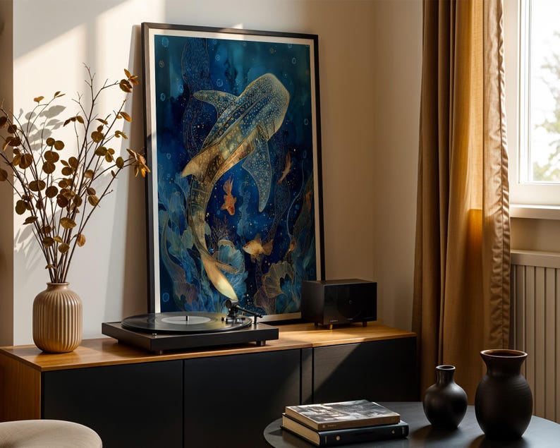 Golden Whale Shark Print – Elegant Underwater Ocean Art for Bathroom or Coastal Decor image 4