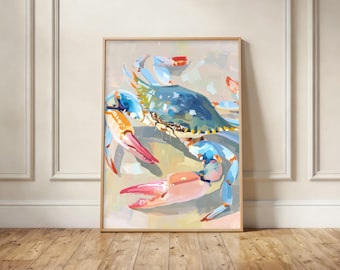 Blue Crab Coastal Wall Art – Vibrant Seaside Crustacean Print, Painterly Underwater & Ocean Decor