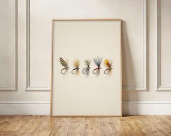 Fly Fishing Lures Print, Earthy Watercolor Art, Angler Cabin Decor
